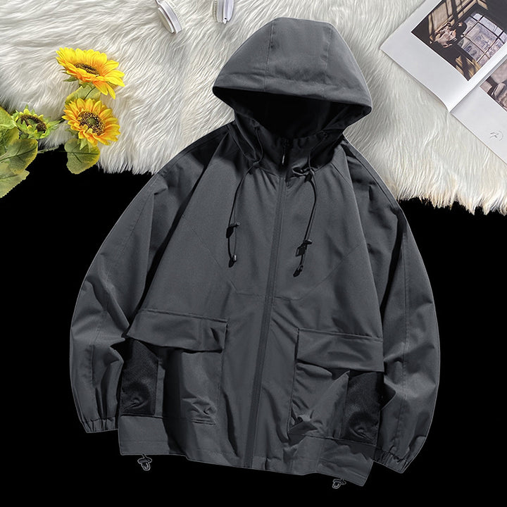 Herren Oversize Kapuzen-Windbreaker mit Multi‑Taschen, Mesh‑Einsätzen und Kordelzug Drune