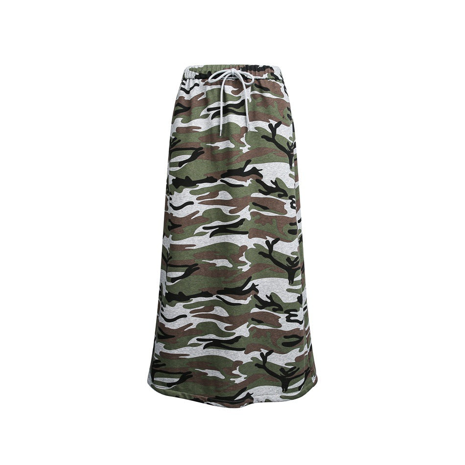 Damen Midi-Rock im Camouflage-Style mit elastischem Bund und Kordelzug Drune