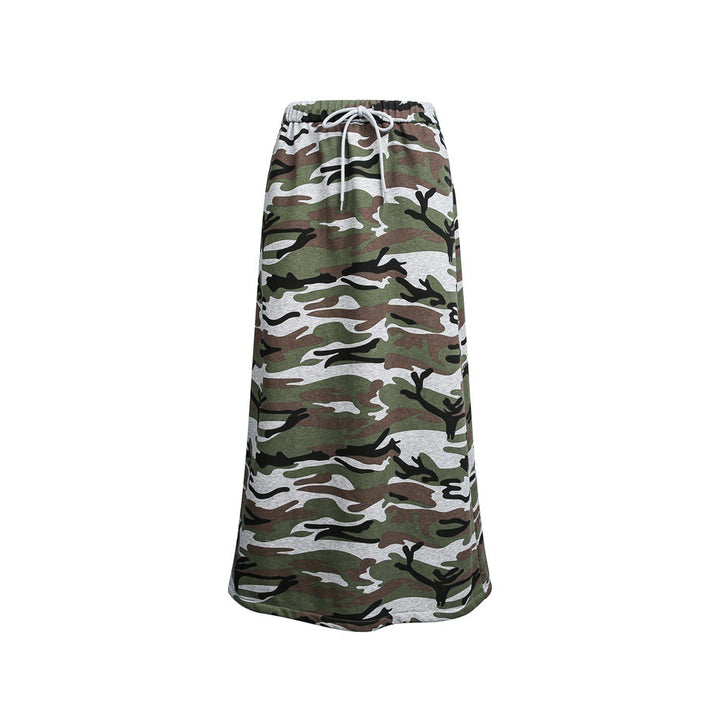 Damen Midi-Rock im Camouflage-Style mit elastischem Bund und Kordelzug Drune