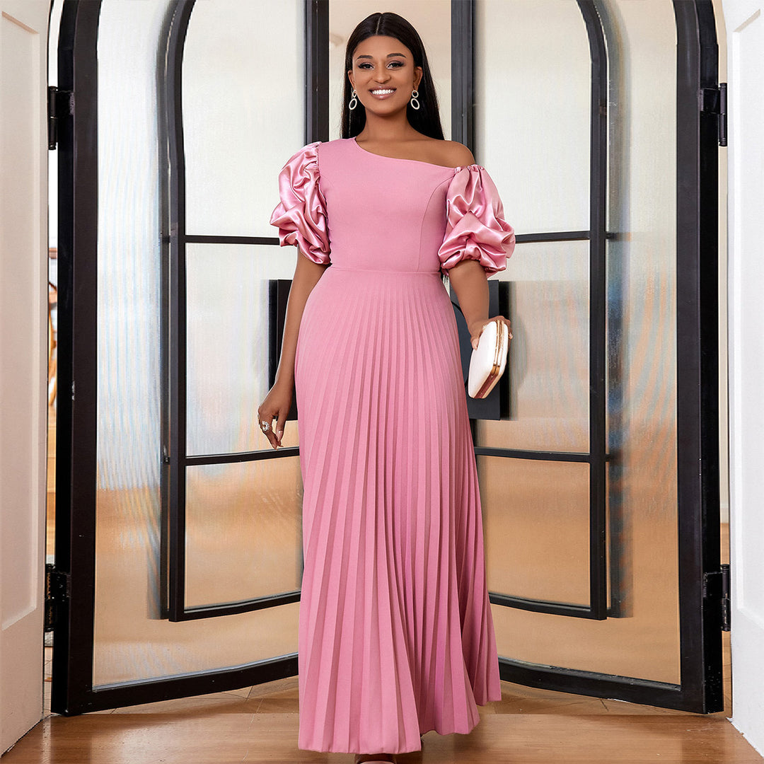 Damen elegantes Maxikleid mit asymmetrischem Schnitt und voluminösen Puffärmeln Drune