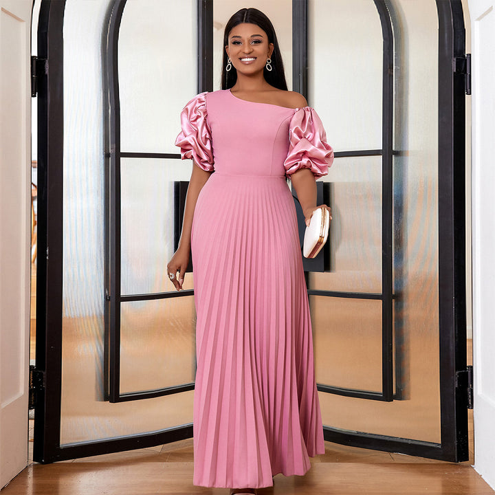 Damen elegantes Maxikleid mit asymmetrischem Schnitt und voluminösen Puffärmeln Drune