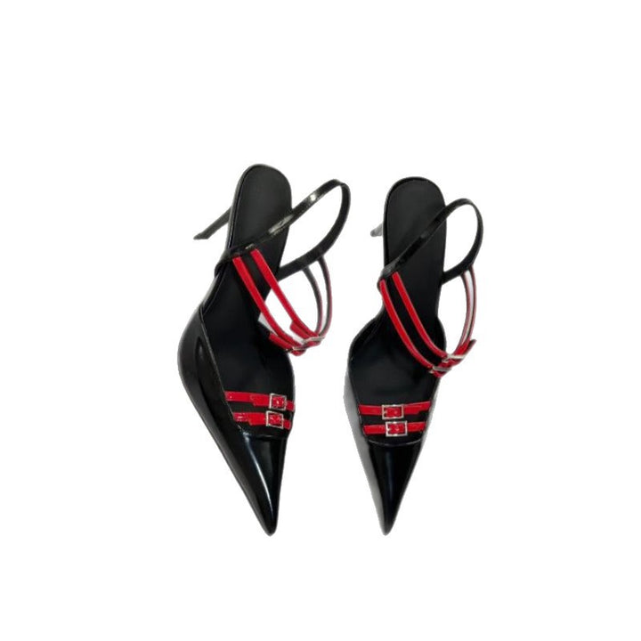 Damen Spitz zulaufende Slingback‑Pumps in Lackoptik mit mehrreihigen Zierriemen und verstellbaren Schnallen Drune