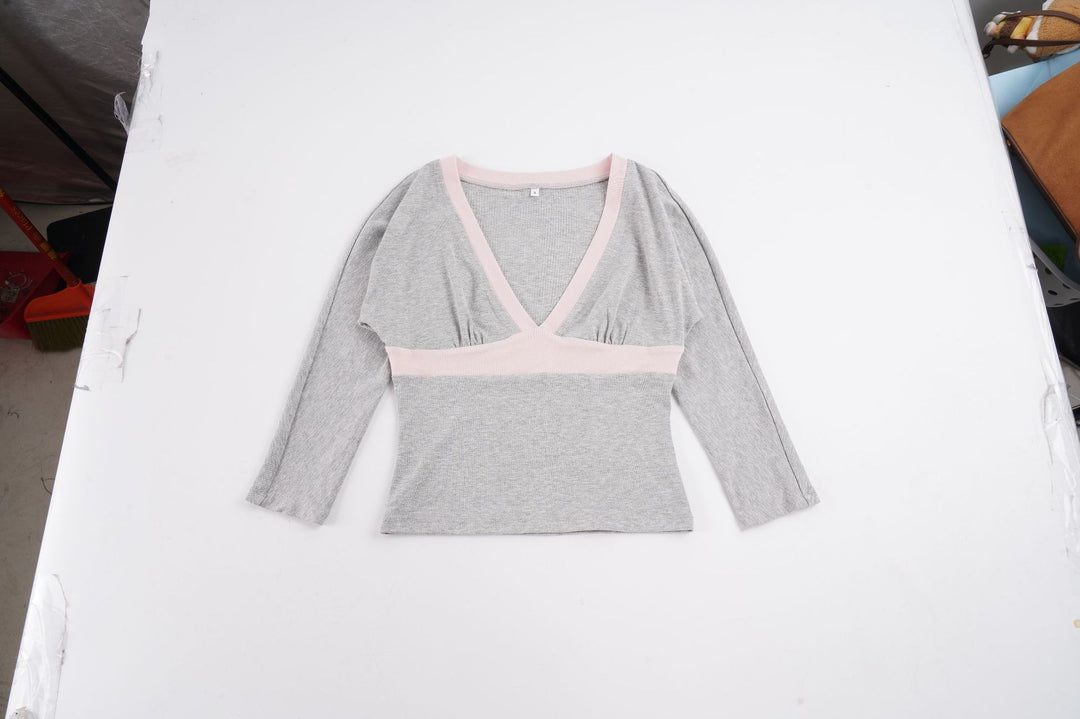 Damen Figurbetontes Langarm-Cami mit tiefem V-Ausschnitt und elastischem Unterbrustband Drune