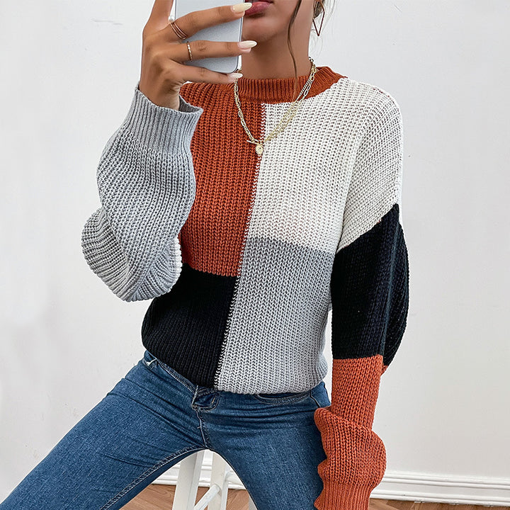Damen Grobgestrickter Colorblock-Pullover Oversize mit Rundhals & Ballonärmeln Drune
