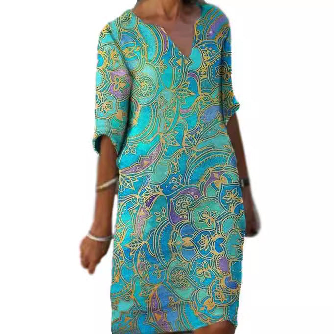 Damen Freizeitleichtkleid mit elegantem V-Ausschnitt und buntem Muster Drune