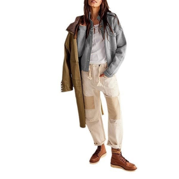 Damen lässige Strickjacke mit aufgesetzten Taschen und Knopfverschluss Drune
