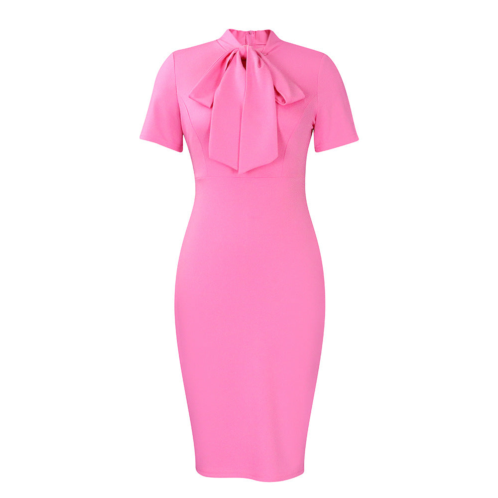 Damen figurbetontes Kleid mit elegantem Schleifendetail und hochgeschlossenem Kragen Drune