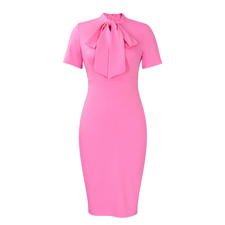Damen figurbetontes Kleid mit elegantem Schleifendetail und hochgeschlossenem Kragen Drune