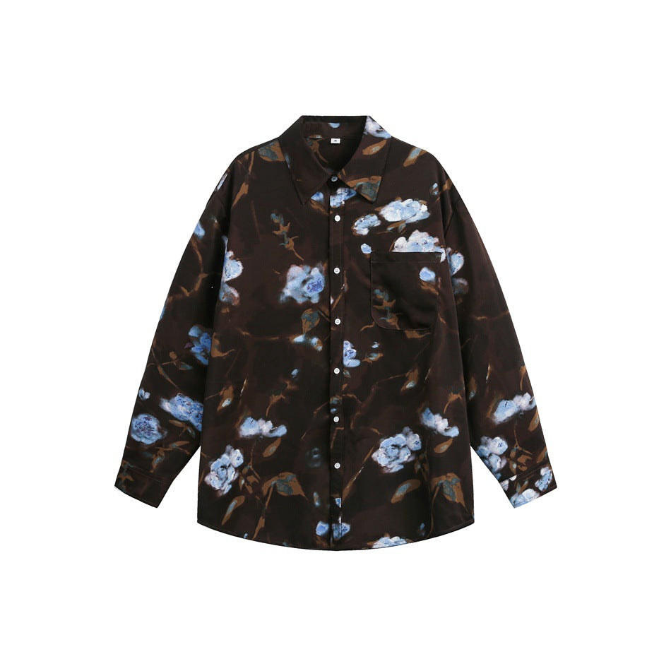 Damen Oversize-Hemdbluse mit abstraktem Blumenprint und aufgesetzter Brusttasche Drune