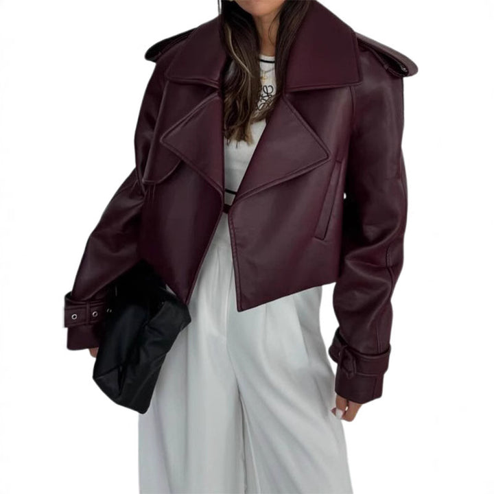 Damen Kunstlederjacke im modischen Biker-Stil mit breitem Revers Drune