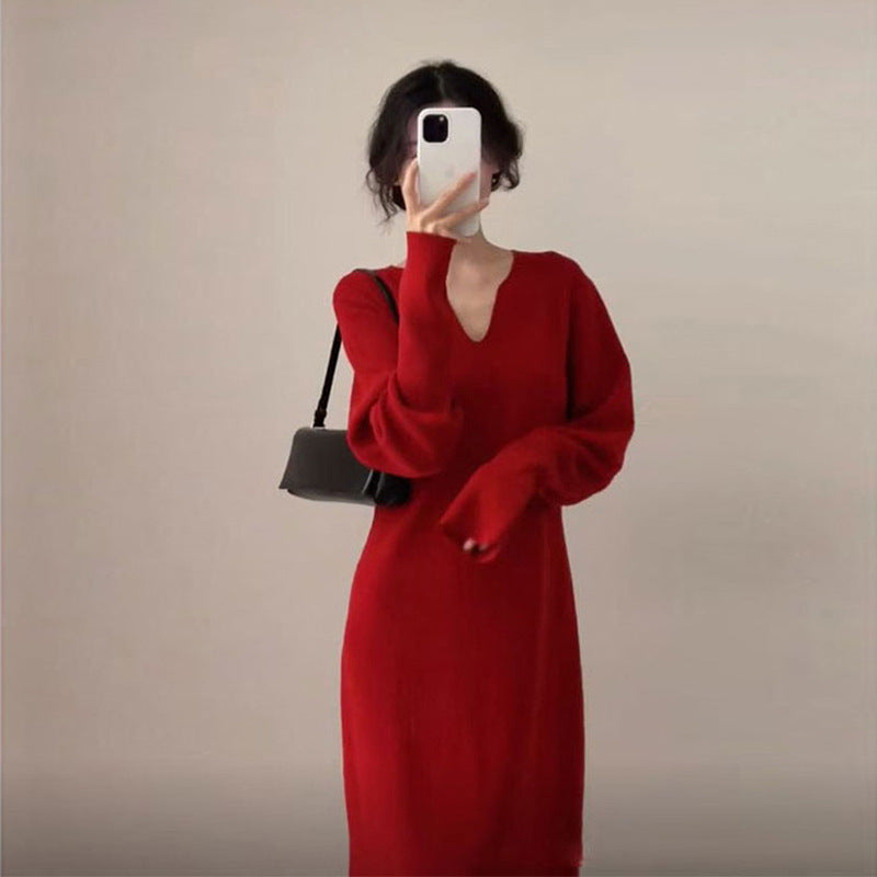 Damen Strickkleid mit tiefem V-Ausschnitt und speziell entwickelter Struktur Drune