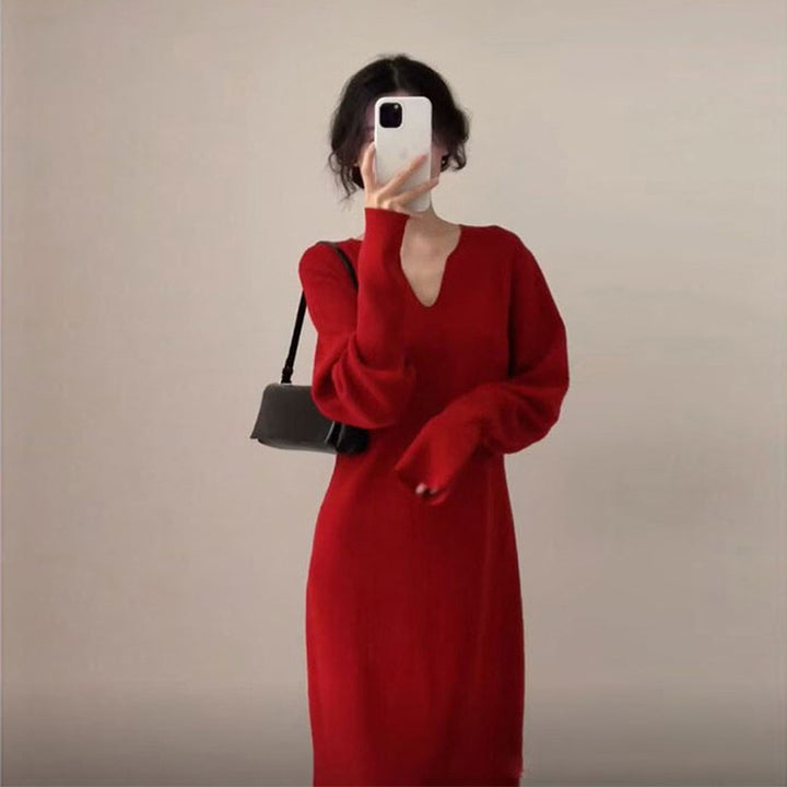 Damen Strickkleid mit tiefem V-Ausschnitt und speziell entwickelter Struktur Drune