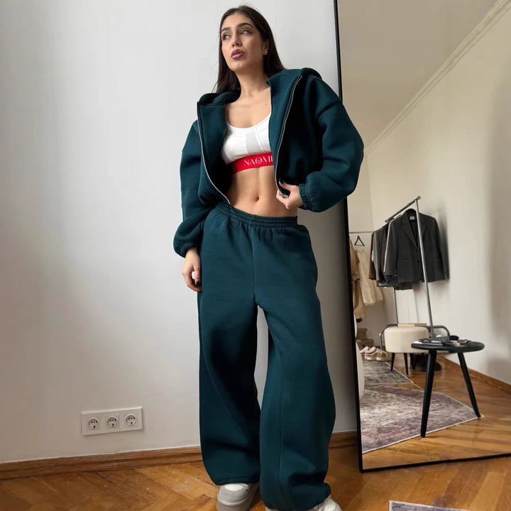 Damen kurzes Kapuzenzipper-Lounge-Set mit oversized Ärmeln und weitem Jogginghose-Schnitt Drune