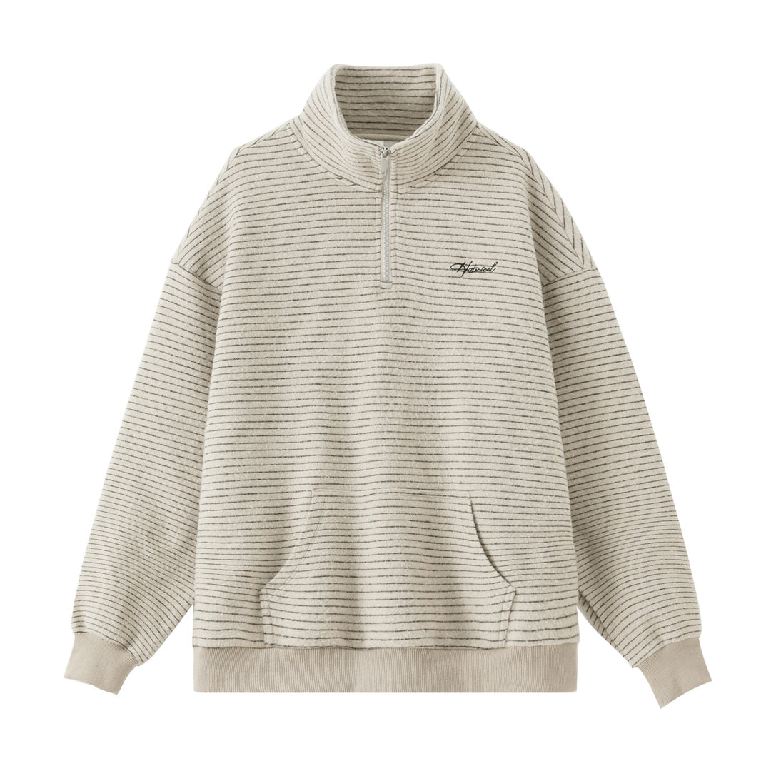 Unisex Oversize-Halbzip-Sweatshirt im feinen Streifen-Frottée mit Stehkragen und Kängurutasche Drune