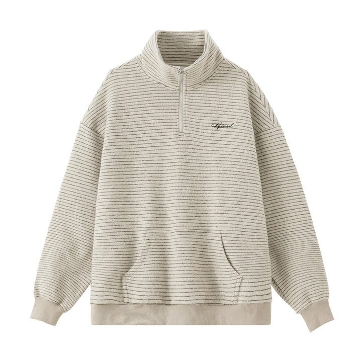 Unisex Oversize-Halbzip-Sweatshirt im feinen Streifen-Frottée mit Stehkragen und Kängurutasche Drune