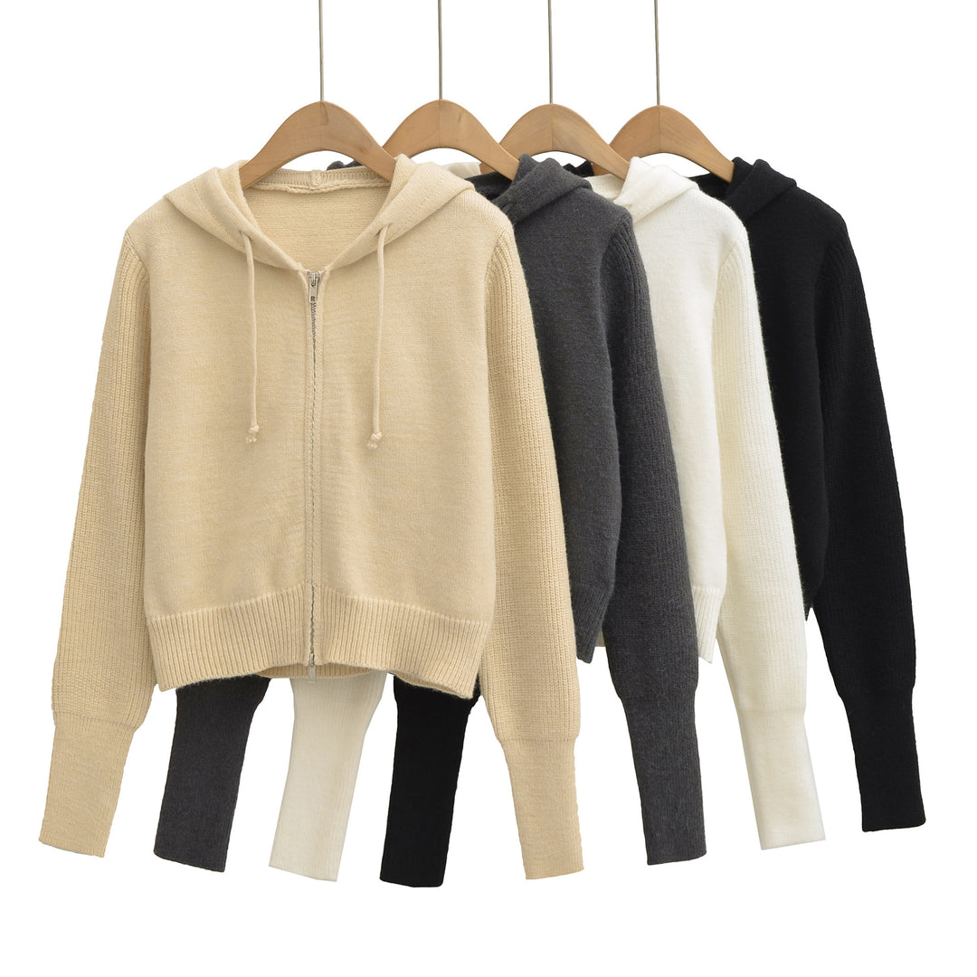 Damen Kurze Kapuzen-Strickjacke mit Reißverschluss und tailliertem Rippenbund Drune