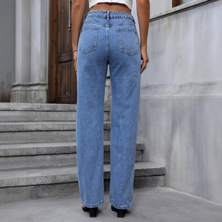 Damen High-Waist Straight-Jeans mit Perlen- und Strassbesatz Drune