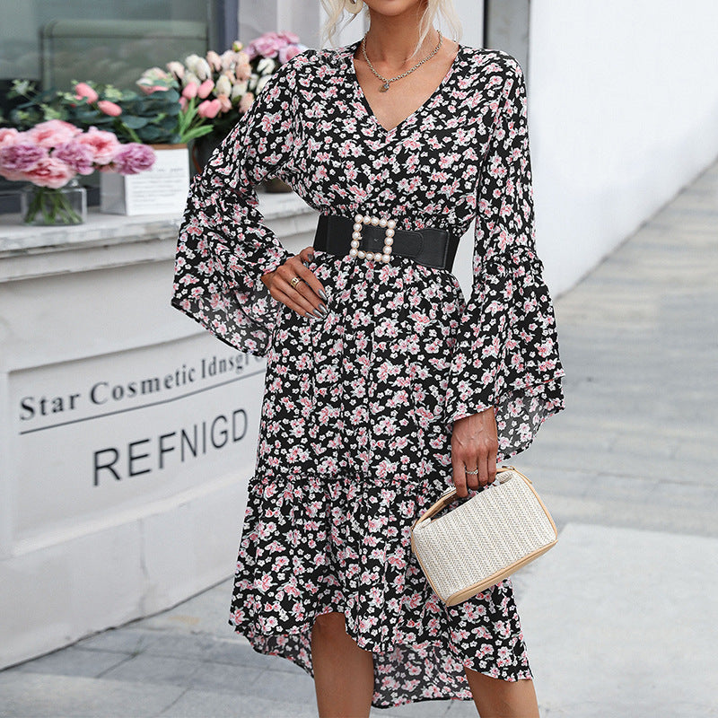 Damen Midikleid im Chiffon‑Look mit floralem Print, V‑Ausschnitt, Glockenärmeln und Stufenvolant Drune