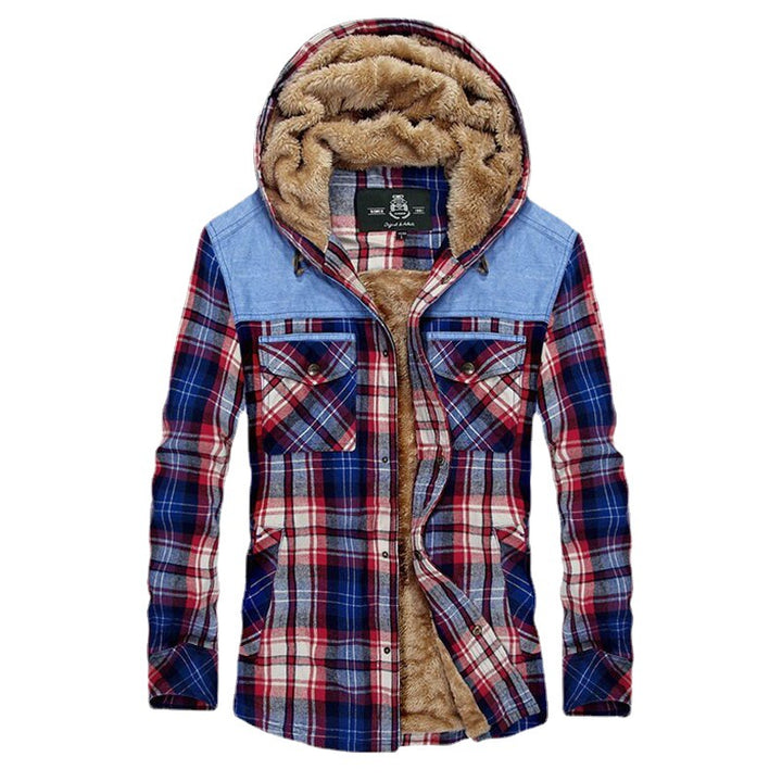 Herren Gefüttertes kariertes Overshirt mit Kapuze und Kunstfellfutter Drune
