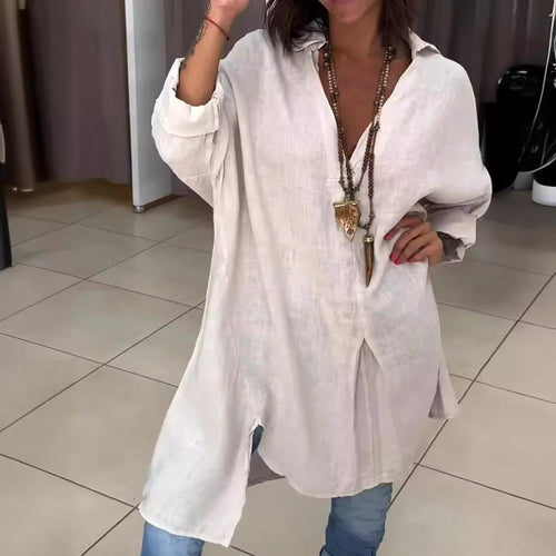 Damen Lässige Leinenbluse mit durchgehender Knopfleiste und umschlagbaren Ärmeln Drune