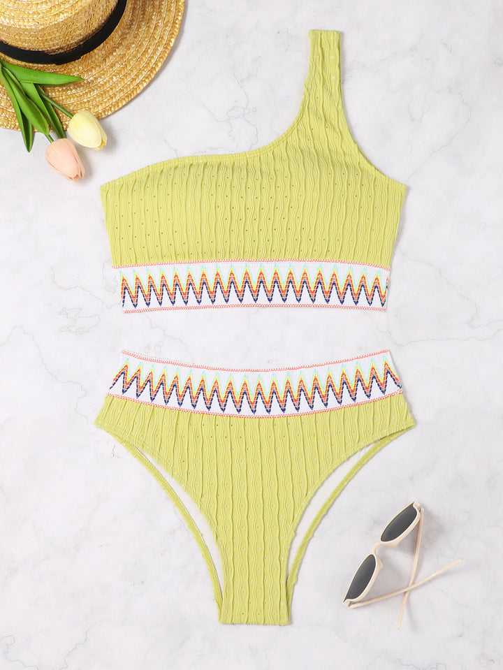 Damen Einseitiger Crop-Bikini mit buntem Jacquardband Drune