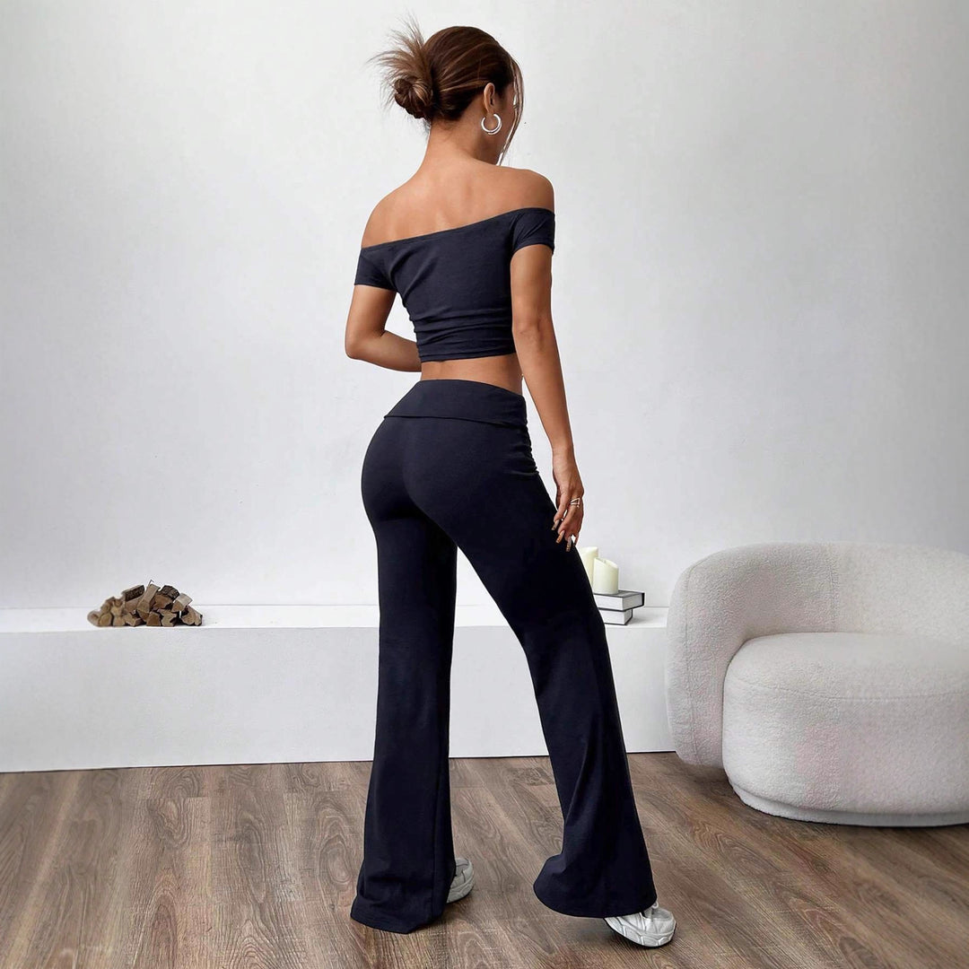Damen Off-Shoulder Crop-Top und weite Hose Set Drune