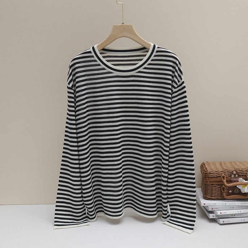 Damen Feines gestreiftes Langarmshirt mit Rundhalsausschnitt aus leichtem Jersey Drune