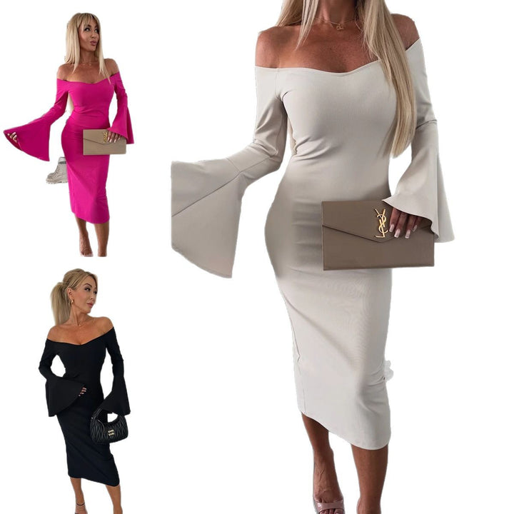 Damen Figurbetontes Wickelkleid mit schulterfreiem Design und weit geschnittenen Ärmeln Drune