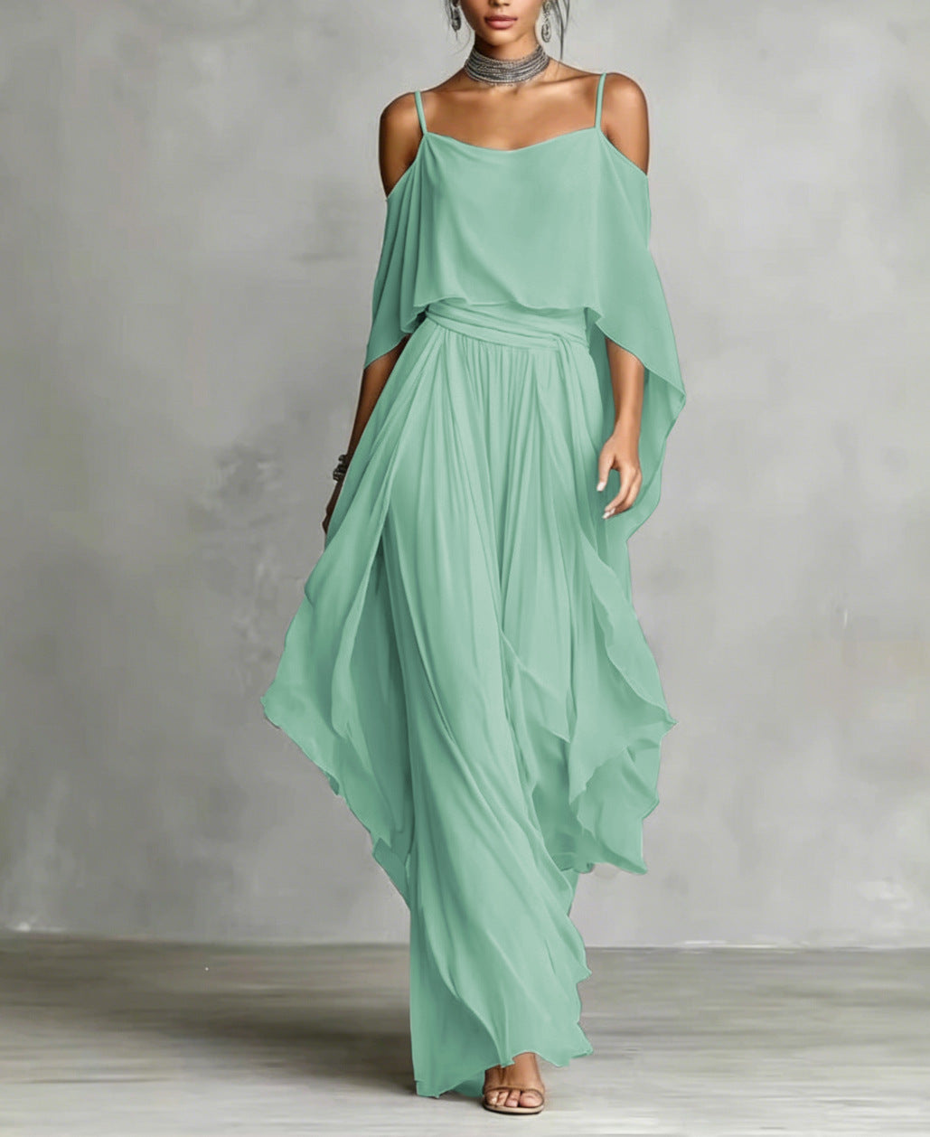 Damen Lange Chiffon Maxi Kleid mit Kaltem Schulter, Spaghetti-Träger und Geschichtetem Cape Drune