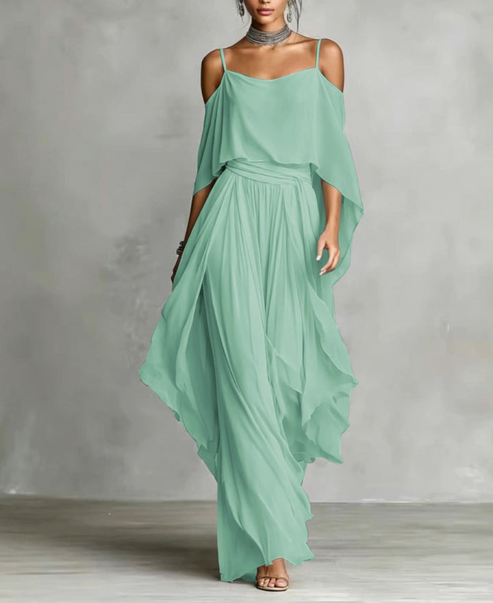 Damen Lange Chiffon Maxi Kleid mit Kaltem Schulter, Spaghetti-Träger und Geschichtetem Cape Drune