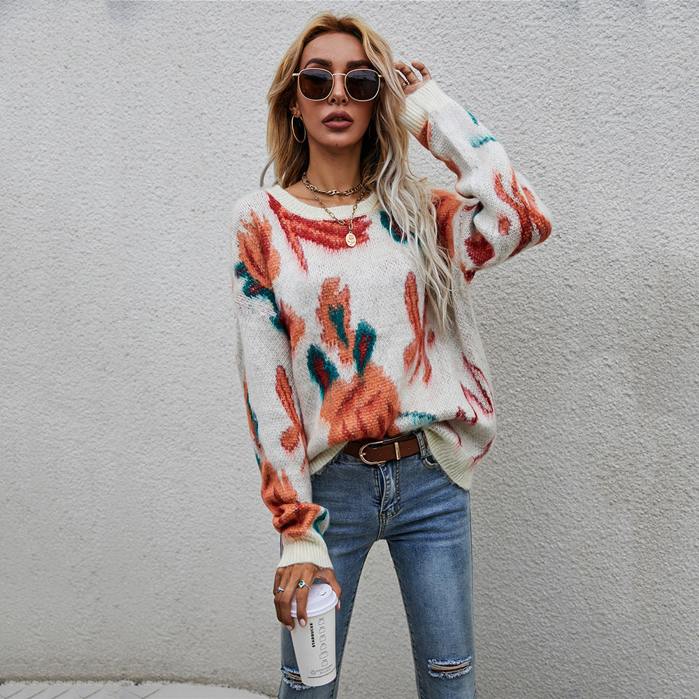 Damen modischer Pullover mit floralem Strickmuster Drune