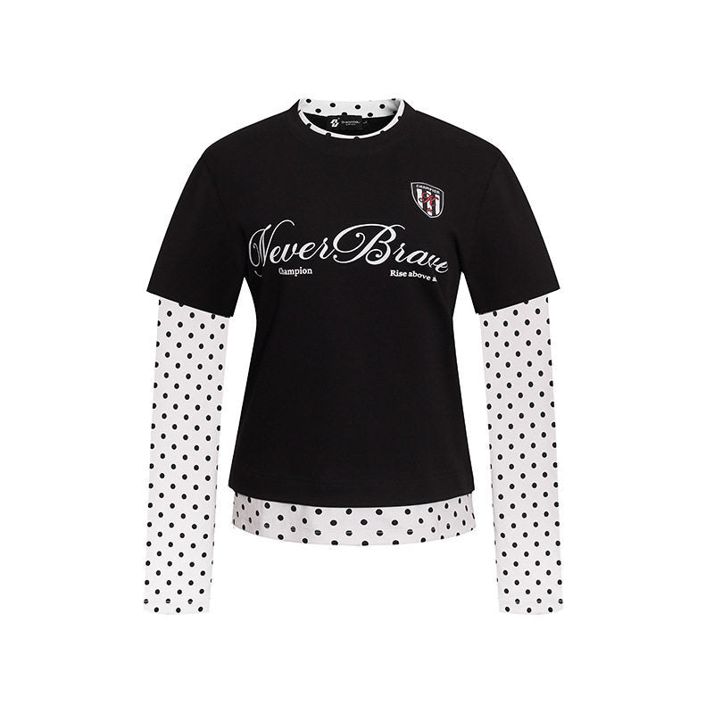 Damen Lagen-Langarmshirt mit Tupfen-Innenlayer und kalligrafischem Statement-Print Drune