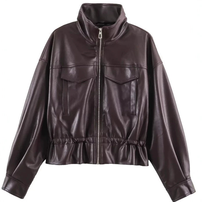 Damen Cropped Kunstleder‑Blouson mit Stehkragen, Pattentaschen und Tunnelzugtaillierung Drune