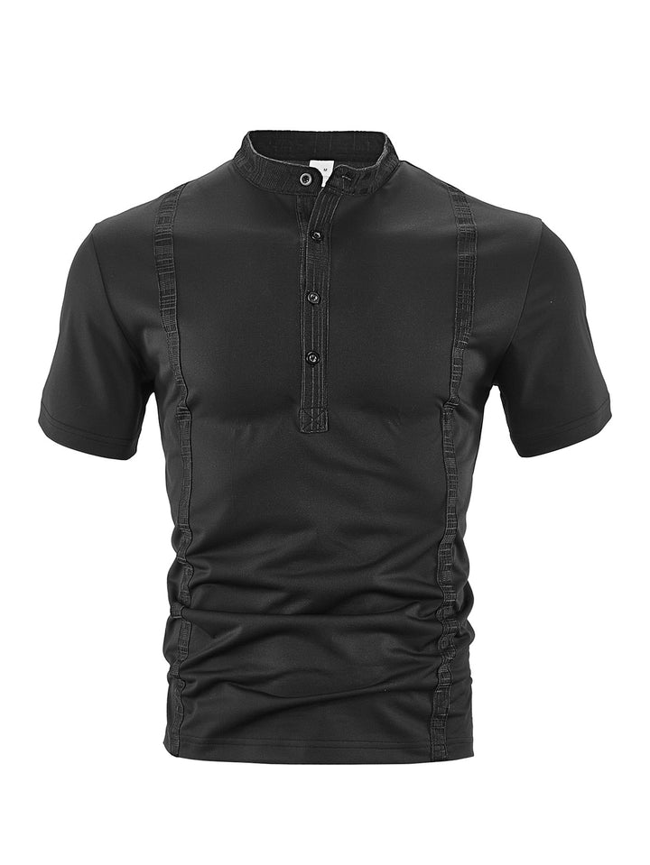 Herren nan Kurzarm-Stehkragenshirt mit verdeckter Knopfleiste, Zierpaspeln und figurbetonter Silhouette Drune