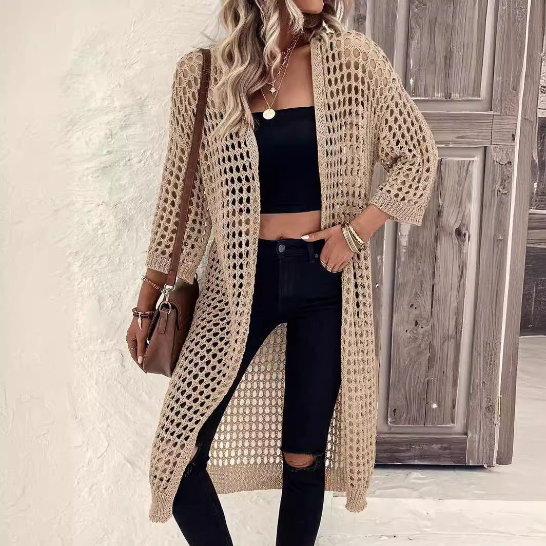 Damen Luftige Häkeljacke mit offenem Design und weiten Ärmeln Drune