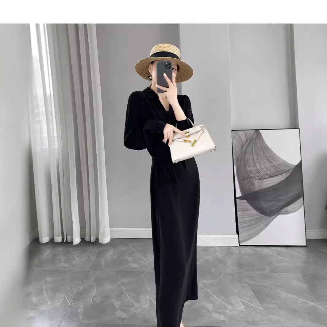 Damen Langärmliges Wickel‑Maxikleid mit Taillengürtel und V‑Ausschnitt Drune