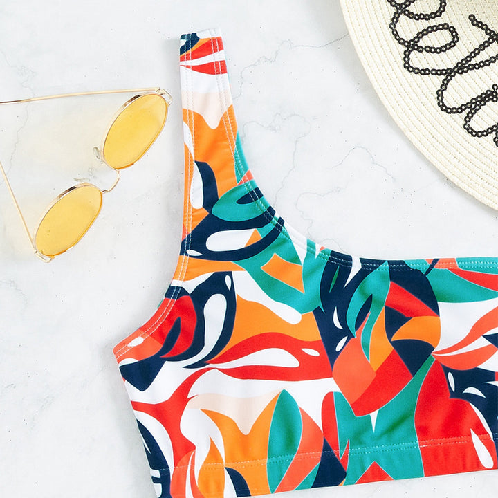 Damen einseitiger Bikini mit modischem floralem Print und hohen Beinausschnitten Drune