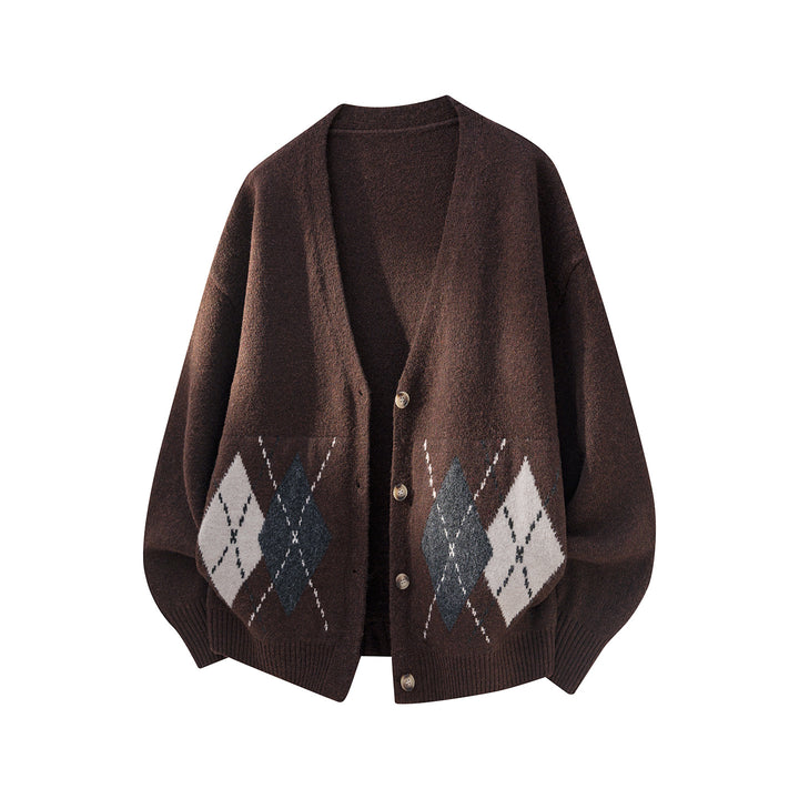 Damen Oversized Strickcardigan mit Argyle-Muster und V-Ausschnitt Drune