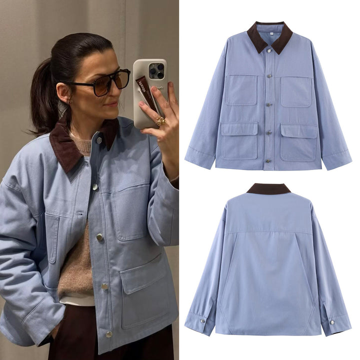 Damen Oversize Utility-Jacke mit Kontrastkragen und aufgesetzten Taschen Drune