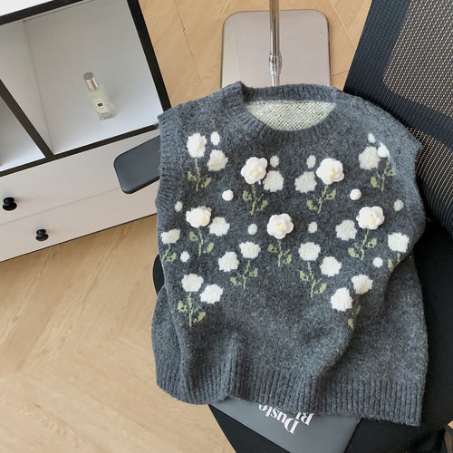 Damen Modischer Strickpullover mit Blumenapplikationen Drune
