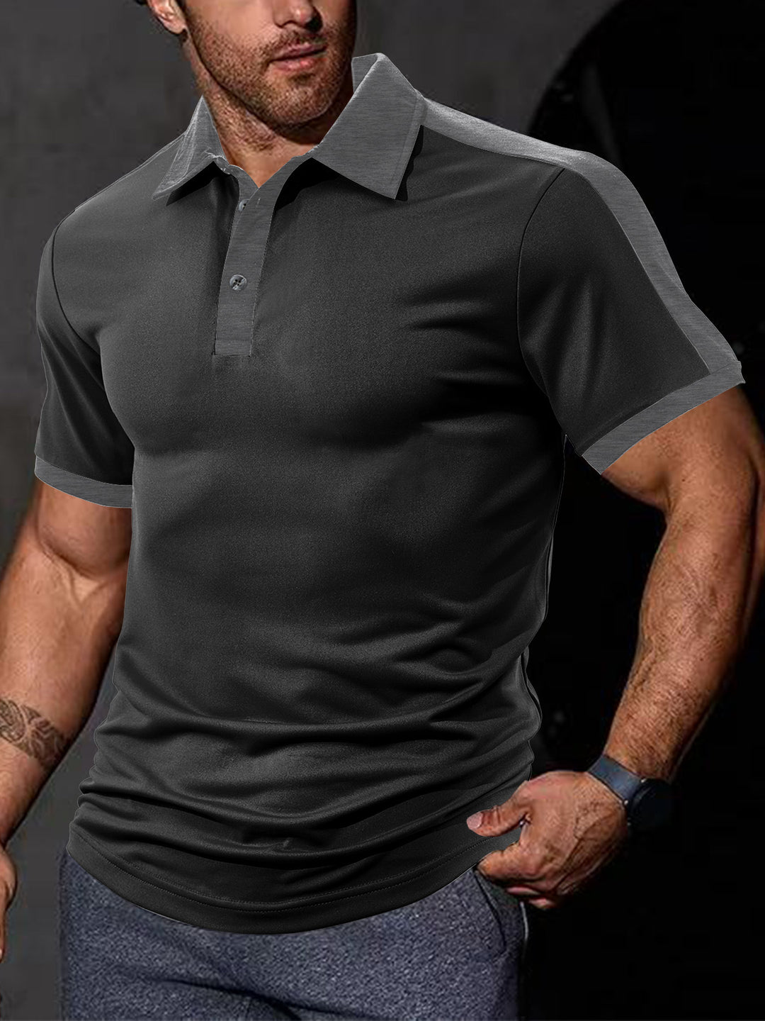 Herren nan figurnahes Kontrast-Poloshirt mit Schulterpasse und Hemdkragen Drune