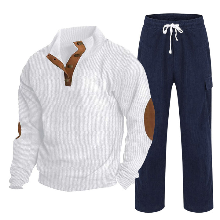 Herren Gemütliches Freizeit-Set aus Waffelstrick-Henley mit Ellenbogenpatch und Relax-Cargo-Hose Drune