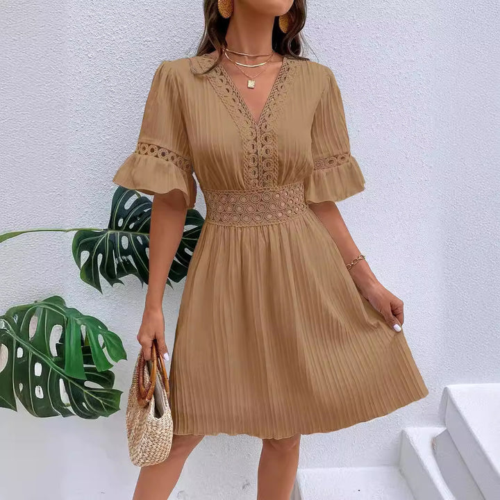 Damen Midikleid mit Plissee, Spitzeneinsatz in der Taille und Volantärmeln Drune