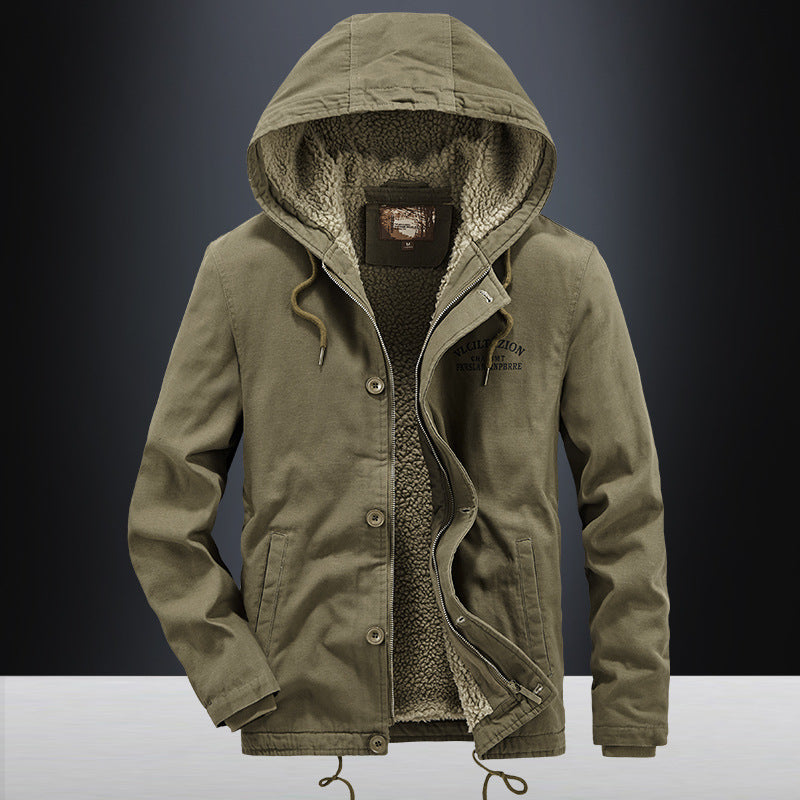 Herren Lässige Canvas-Kapuzenjacke mit durchgehendem Sherpa-Futter und doppelter Front Drune