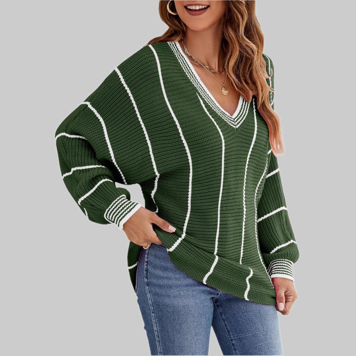 Damen Cropped Strickpullover mit V-Ausschnitt, Waffelstruktur und kontrastierenden Streifen Drune
