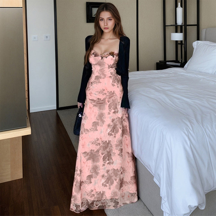 Damen Elegantes Maxikleid mit Spitzenverzierungen und tiefem V-Ausschnitt Drune