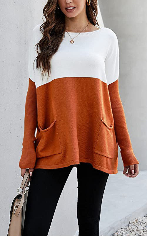 Damen Strickpullover mit großen Fronttaschen und kontrastiertem Design Drune
