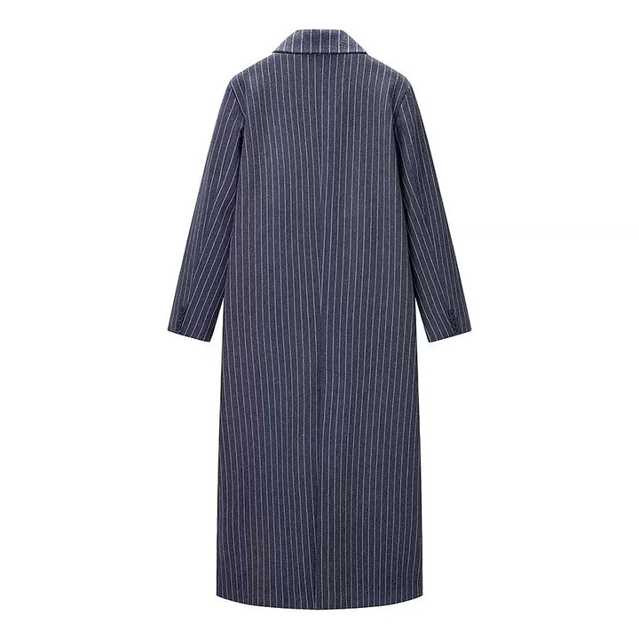 Damen nan eleganter langer Doppelreiher-Mantel mit Nadelstreifen, Schalkragen und Pattentaschen Drune