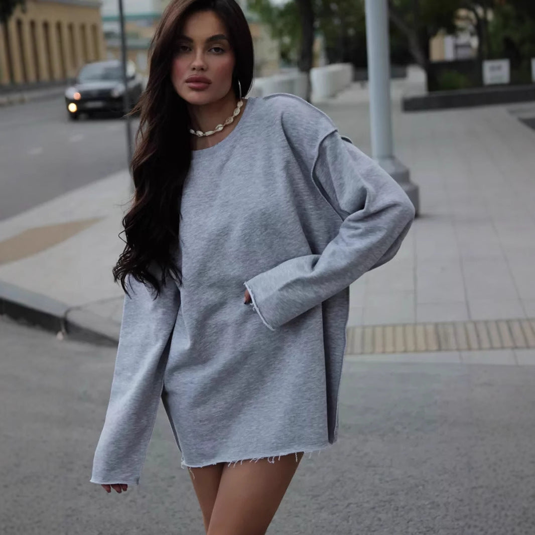 Damen oversized Sweatshirt mit ausgefranstem Saum und verlängerten Ärmeln Drune