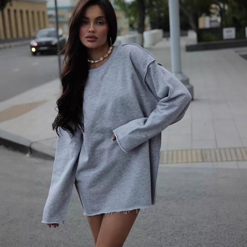 Damen oversized Sweatshirt mit ausgefranstem Saum und verlängerten Ärmeln Drune